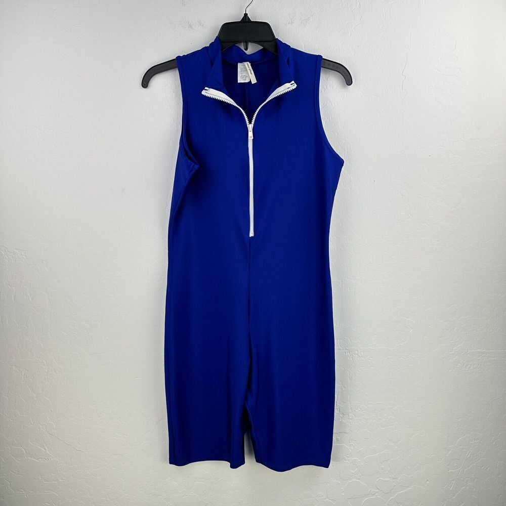 Vtg Yellow Cabbage One Piece Suit L Blue Stretch Skinsuit Activewear Costume Zip